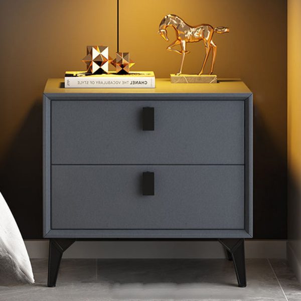 Contemporary Scandinavian Rectangular Leather Solid Wood Nightstand 2-Drawer For Bedroom - Image 10