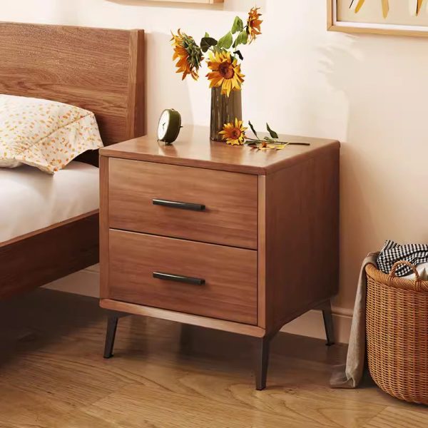Contemporary Nordic Rectangular Tabletop Solid Wood Nightstand 2-Drawer For Bedroom