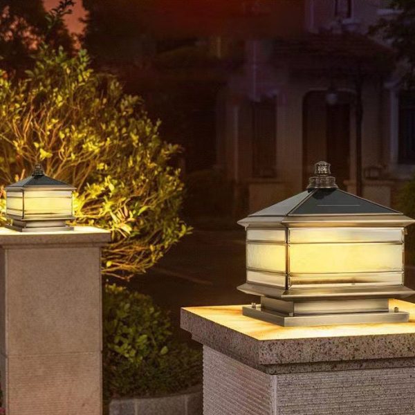 Traditional Chinese Solar Waterproof Copper Frosted Glass Pointed Cylinder Square LED Landscape Lighting Outdoor Light For Outdoor Patio - Image 2
