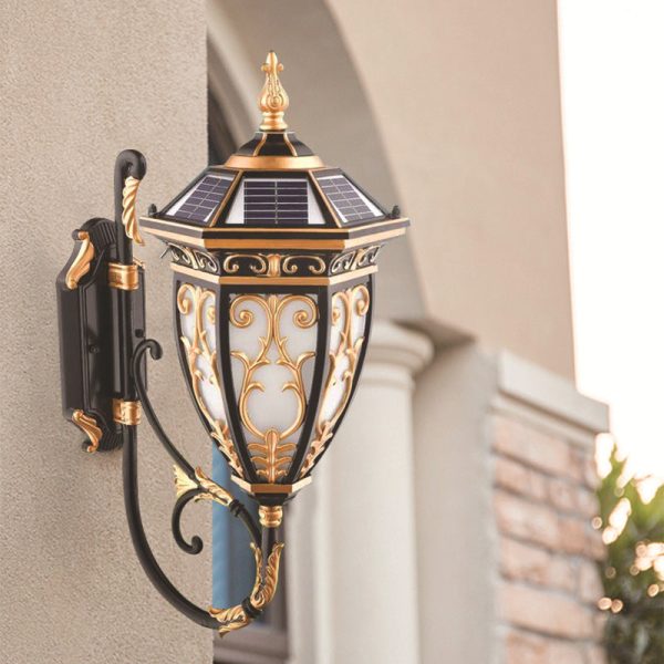 Traditional European Solar Waterproof Aluminum Glass Lantern Flower Mansion Pattern 1-Light LED Wall Sconce Lamp For Outdoor Patio