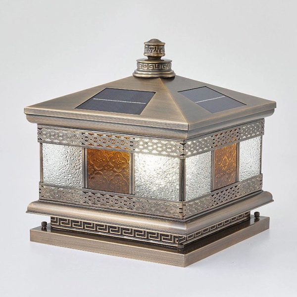 Contemporary Retro Solar Waterproof Copper Glass Square Palace Printed 1-Light LED Outdoor Pillar Light Landscape Lighting For Garden - Image 22