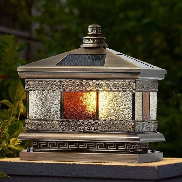 Contemporary Retro Solar Waterproof Copper Glass Square Palace Printed 1-Light LED Outdoor Pillar Light Landscape Lighting For Garden - Image 2
