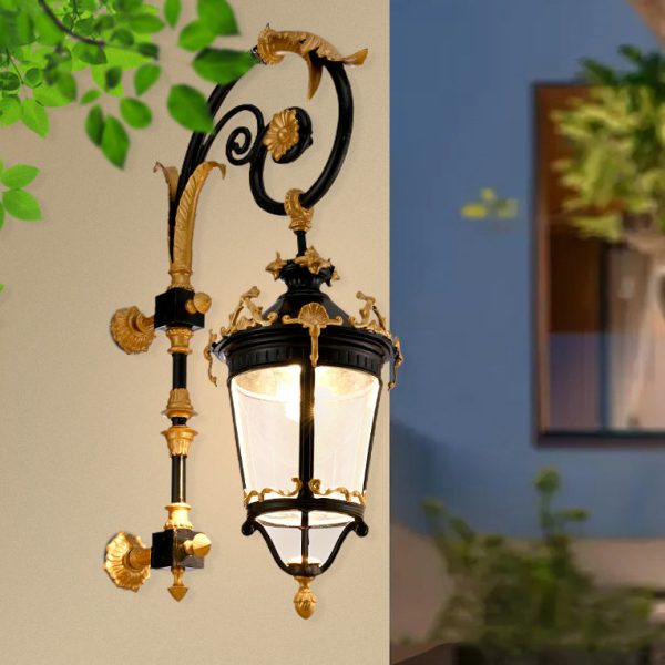 Traditional European Waterproof Aluminum Glass Lantern Carved LED Wall Sconce Lamp For Outdoor Patio