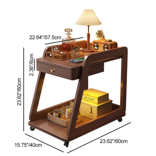 Modern Minimalist Solid Wood Rectangular Side Table With Drawer & Wheels, 2-Tier End Table For Living Room - Image 4