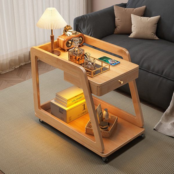 Modern Minimalist Solid Wood Rectangular Side Table With Drawer & Wheels, 2-Tier End Table For Living Room - Image 2