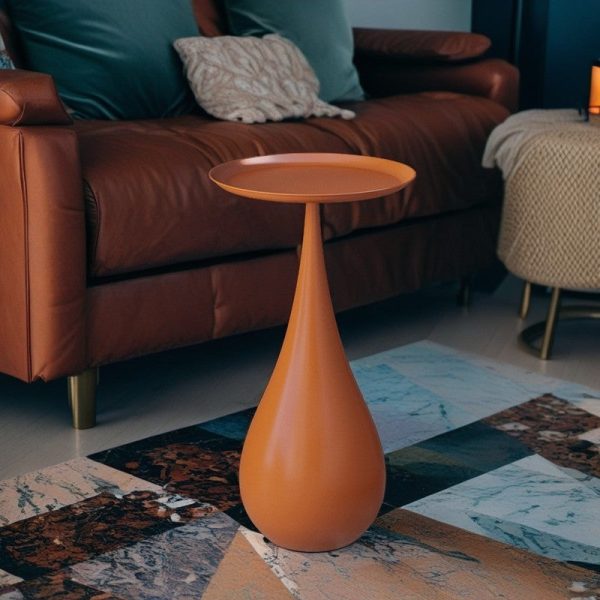 Modern Luxury Carbon Steel Round Tray End Table With Waterdrop Base, Elegant End Table For Living Room