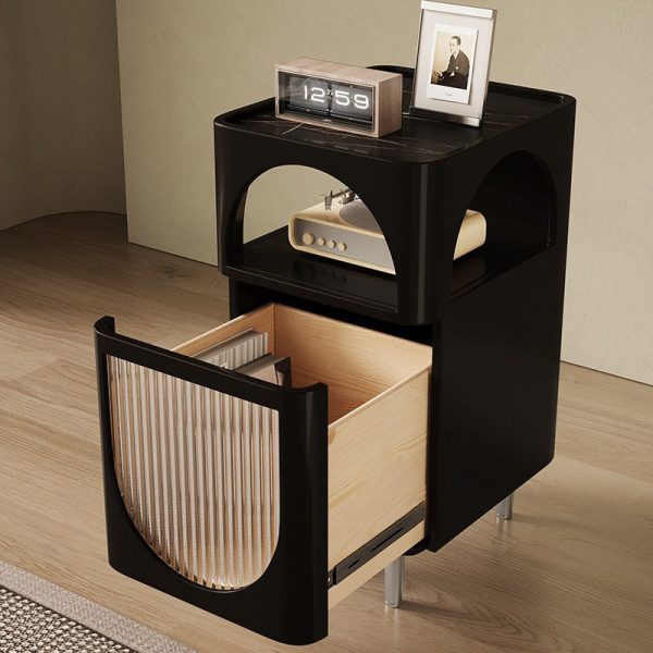 Modern Mid-Century Sintered Stone, Glass & Wood Rectangular Nightstand With 1-Drawer & 2-Tier Storage For Bedroom - Image 9