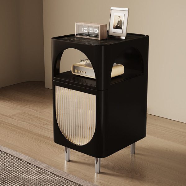 Modern Mid-Century Sintered Stone, Glass & Wood Rectangular Nightstand With 1-Drawer & 2-Tier Storage For Bedroom - Image 3