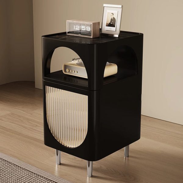 Modern Mid-Century Sintered Stone, Glass & Wood Rectangular Nightstand With 1-Drawer & 2-Tier Storage For Bedroom - Image 11