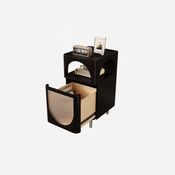 Modern Mid-Century Sintered Stone, Glass & Wood Rectangular Nightstand With 1-Drawer & 2-Tier Storage For Bedroom - Image 8