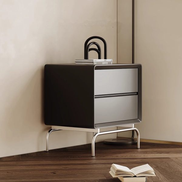 Modern Luxury Pine & Stainless Steel Rectangular Nightstand With 2-Drawer For Bedroom - Image 2