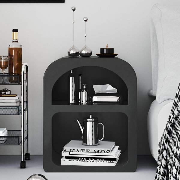 Modern Minimalist Engineered Wood Rounded Rectangle Nightstand With 2-Storage Compartments For Bedroom - Image 3