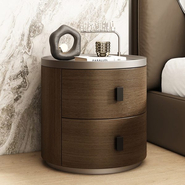 Modern Minimalist Solid Wood Cylindrical Nightstand With 2-Drawer For Bedroom - Image 2