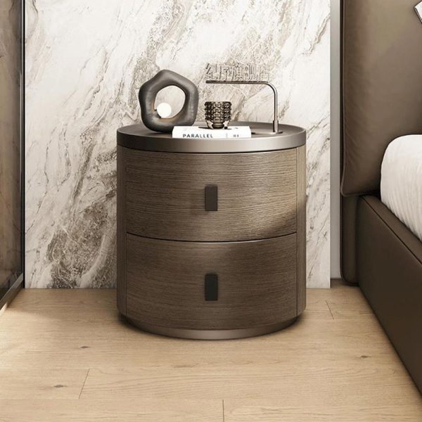 Modern Minimalist Solid Wood Cylindrical Nightstand With 2-Drawer For Bedroom - Image 3