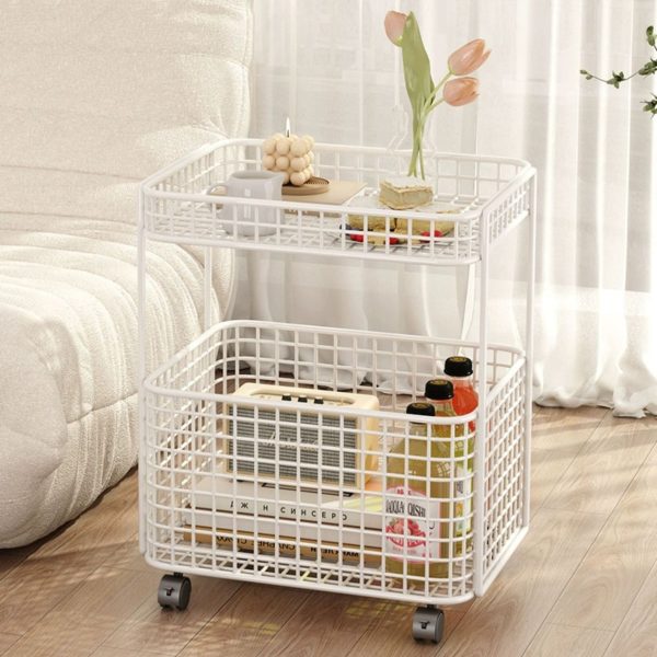 Modern Minimalist Iron Hollow Rectangular End Table With 1-Storage & Wheels For Living Room