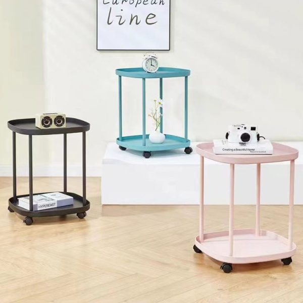 Modern Minimalist Plastic Rounded Square End Table With 2-Tier & Wheels For Living Room