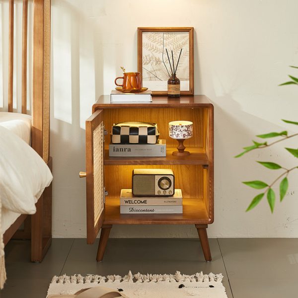 Modern Mid-Century Solid Wood & Rattan Rectangular Nightstand 1-Storage For Bedroom - Image 9