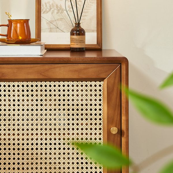 Modern Mid-Century Solid Wood & Rattan Rectangular Nightstand 1-Storage For Bedroom - Image 7