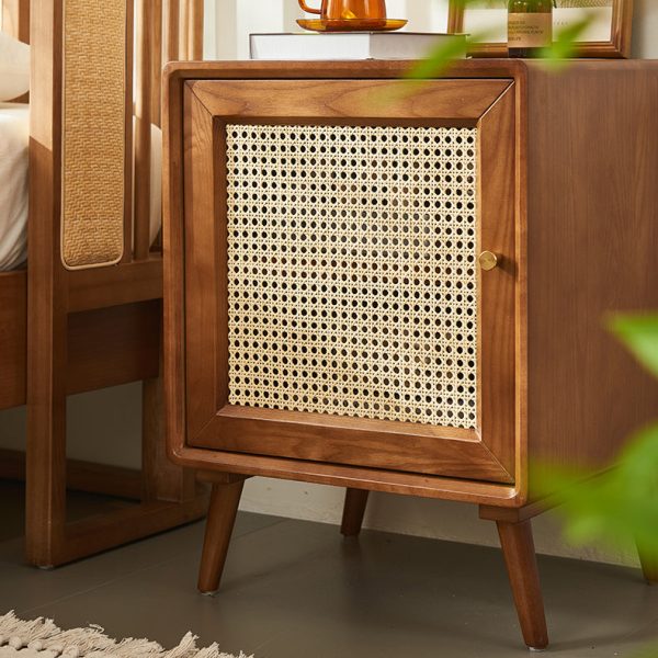 Modern Mid-Century Solid Wood & Rattan Rectangular Nightstand 1-Storage For Bedroom - Image 14