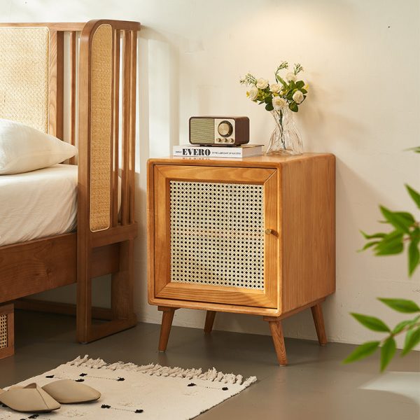 Modern Mid-Century Solid Wood & Rattan Rectangular Nightstand 1-Storage For Bedroom - Image 15