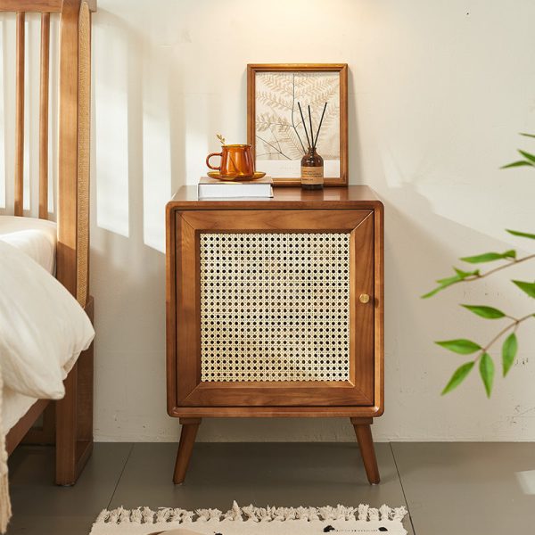 Modern Mid-Century Solid Wood & Rattan Rectangular Nightstand 1-Storage For Bedroom - Image 8