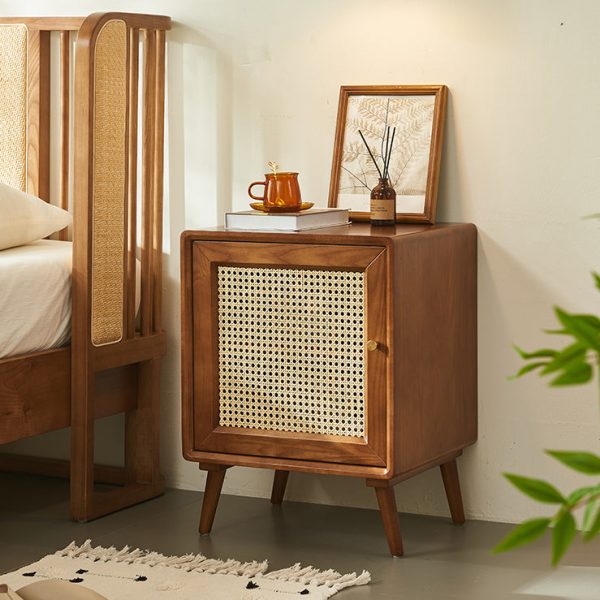 Modern Mid-Century Solid Wood & Rattan Rectangular Nightstand 1-Storage For Bedroom - Image 2