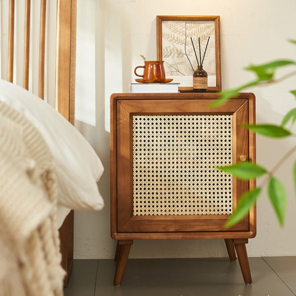 Modern Mid-Century Solid Wood & Rattan Rectangular Nightstand 1-Storage For Bedroom - Image 12