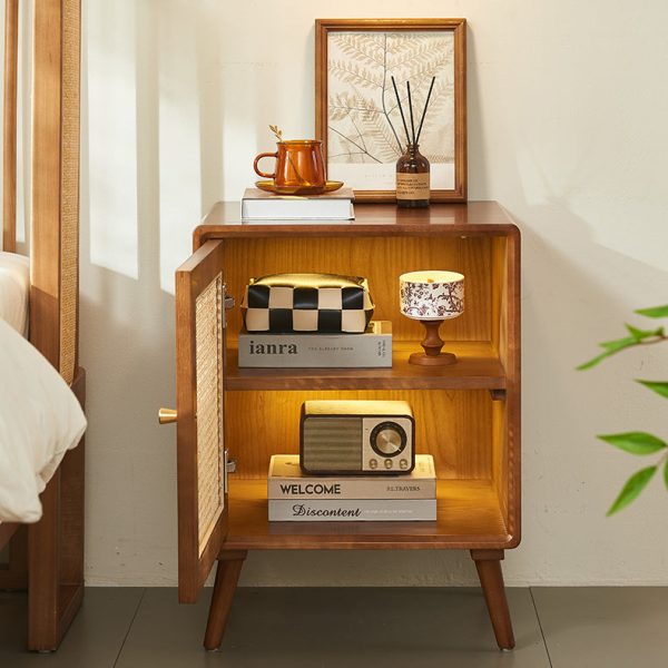 Modern Mid-Century Solid Wood & Rattan Rectangular Nightstand 1-Storage For Bedroom - Image 13