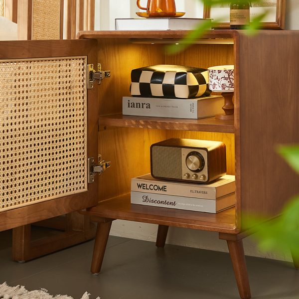 Modern Mid-Century Solid Wood & Rattan Rectangular Nightstand 1-Storage For Bedroom - Image 6