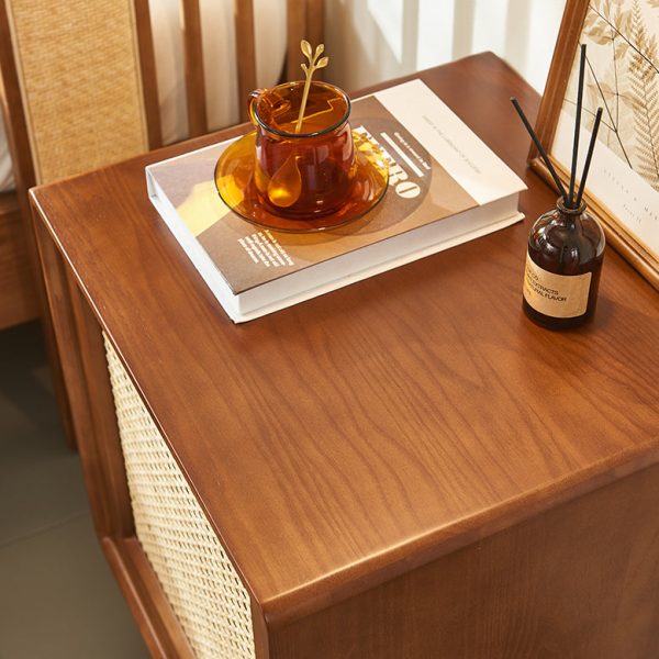 Modern Mid-Century Solid Wood & Rattan Rectangular Nightstand 1-Storage For Bedroom - Image 5
