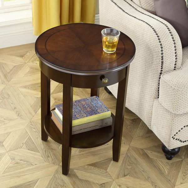 Traditional Chinese Wood Round End Table With 1-Drawer And 2-Tier For Living Room - Image 12