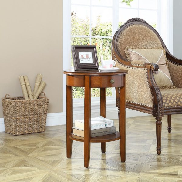 Traditional Chinese Wood Round End Table With 1-Drawer And 2-Tier For Living Room - Image 11