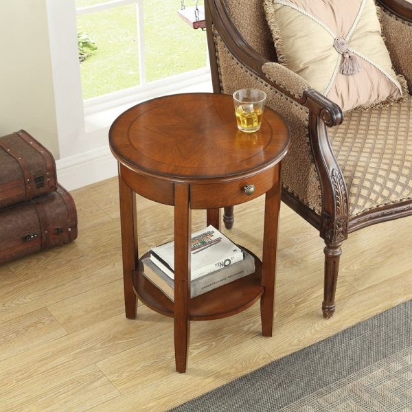 Traditional Chinese Wood Round End Table With 1-Drawer And 2-Tier For Living Room - Image 13