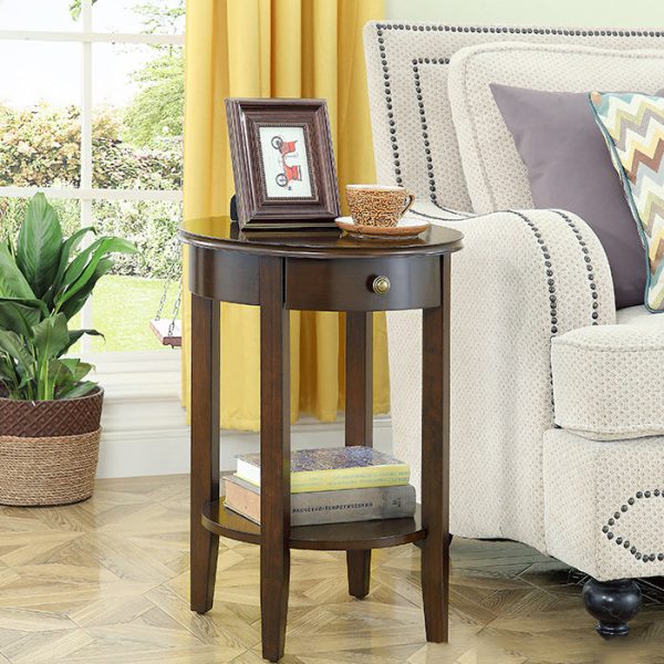 Traditional Chinese Wood Round End Table With 1-Drawer And 2-Tier For Living Room - Image 3