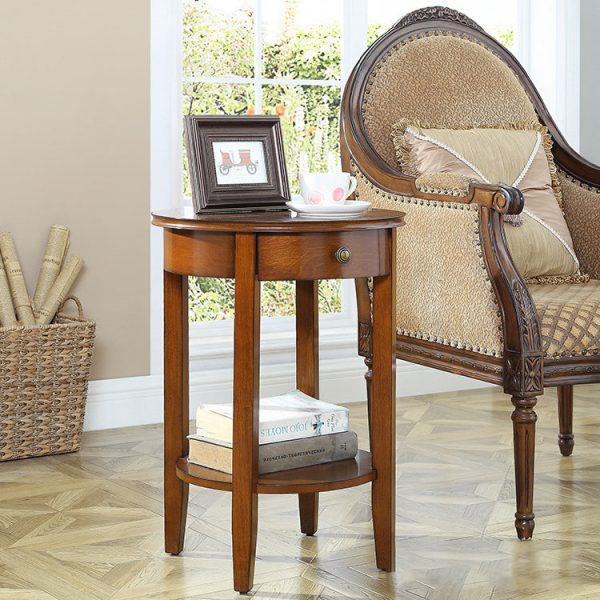 Traditional Chinese Wood Round End Table With 1-Drawer And 2-Tier For Living Room - Image 2