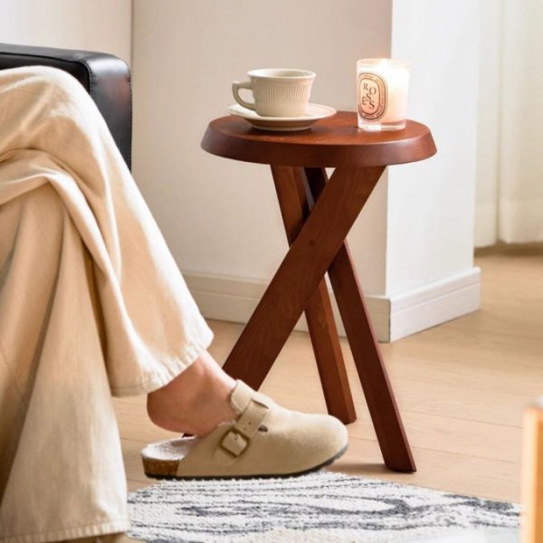 Modern Mid-Century Solid Wood Round End Table With X-Base For Living Room - Image 17