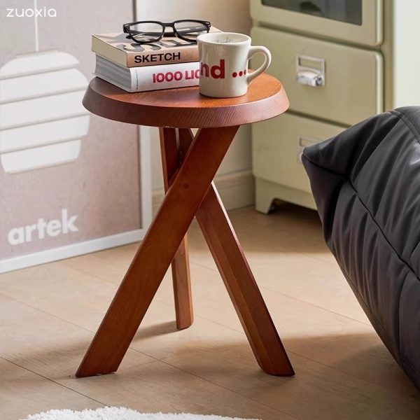 Modern Mid-Century Solid Wood Round End Table With X-Base For Living Room - Image 3
