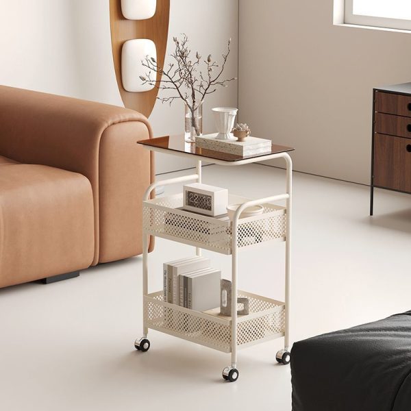 Modern Minimalist Glass & Iron Rectangular End Table With 3-Tier And 2-Storage For Living Room