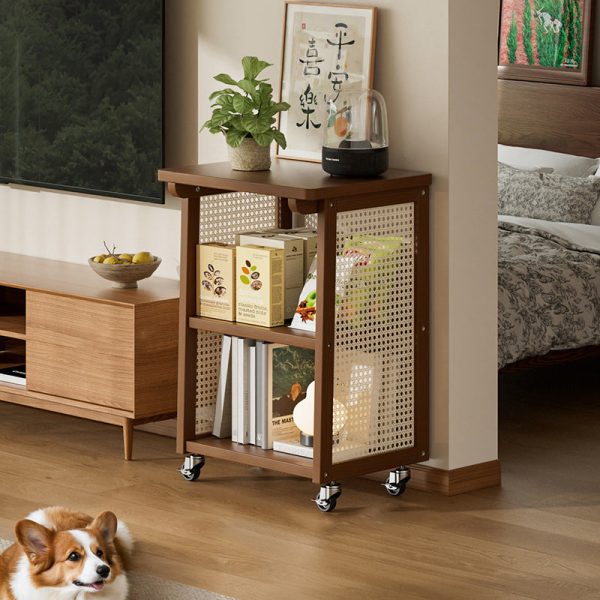 Traditional Japanese Bamboo & Rattan Rectangular End Table With 3-Tiers And Wheels For Living Room - Image 3