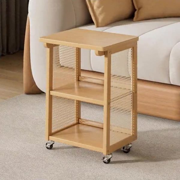 Traditional Japanese Bamboo & Rattan Rectangular End Table With 3-Tiers And Wheels For Living Room - Image 9