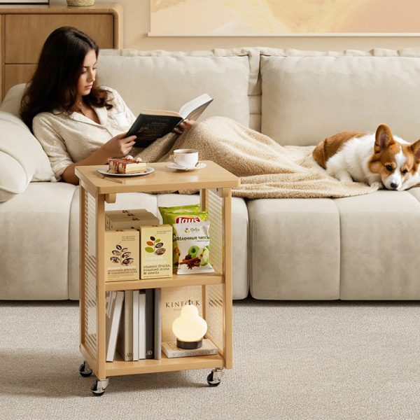 Traditional Japanese Bamboo & Rattan Rectangular End Table With 3-Tiers And Wheels For Living Room - Image 11
