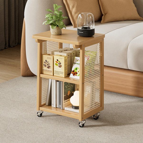 Traditional Japanese Bamboo & Rattan Rectangular End Table With 3-Tiers And Wheels For Living Room - Image 2