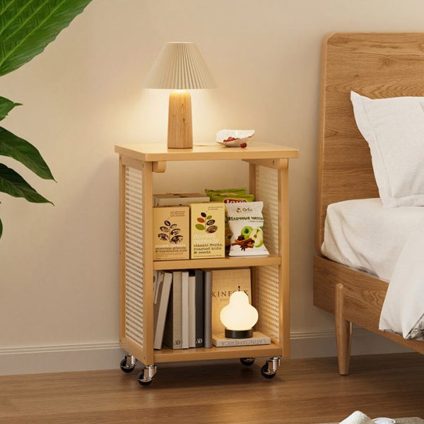 Traditional Japanese Bamboo & Rattan Rectangular End Table With 3-Tiers And Wheels For Living Room - Image 12