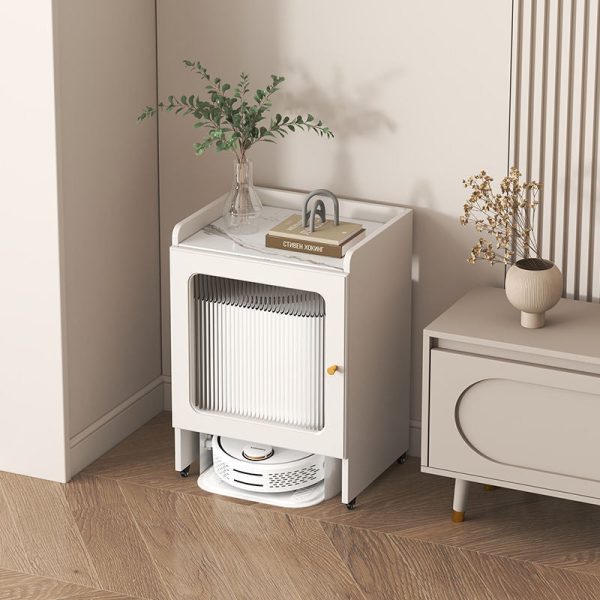 Contemporary Nordic Striped Glass Slab And Board Side Table 1/2 Cabinet With Silent Wheels For Living Room - Image 3