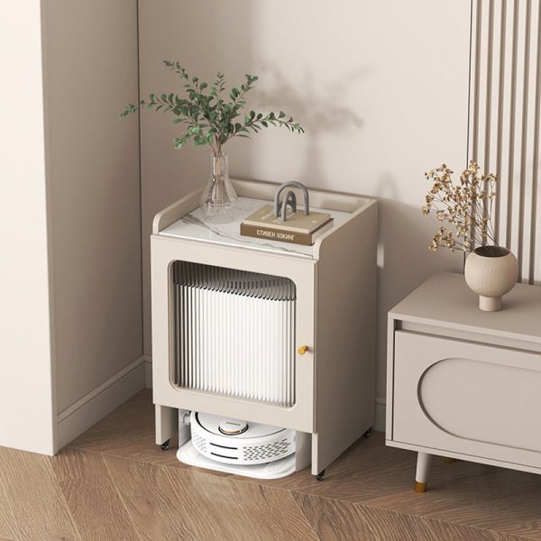 Contemporary Nordic Striped Glass Slab And Board Side Table 1/2 Cabinet With Silent Wheels For Living Room - Image 13