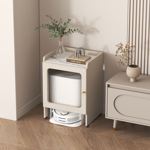 Contemporary Nordic Striped Glass Slab And Board Side Table 1/2 Cabinet With Silent Wheels For Living Room - Image 5