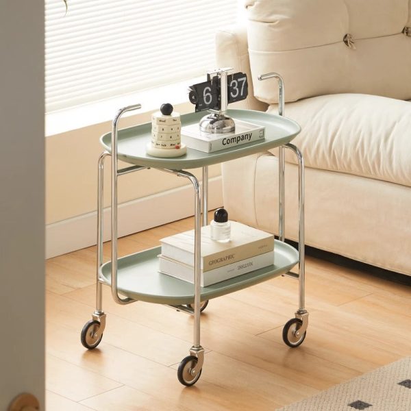 Contemporary Nordic ABS & Carbon Steel Oval Movable Side Table 2-Tier With Wheels & Handles For Living Room & Bedroom - Image 5