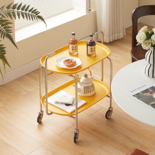 Contemporary Nordic ABS & Carbon Steel Oval Movable Side Table 2-Tier With Wheels & Handles For Living Room & Bedroom - Image 4