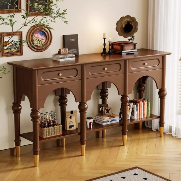 Traditional French Solid Wood & Metal Arched Roman Column Console Table With 3 Drawers & 2-Tier Storage For Entryway - Image 16