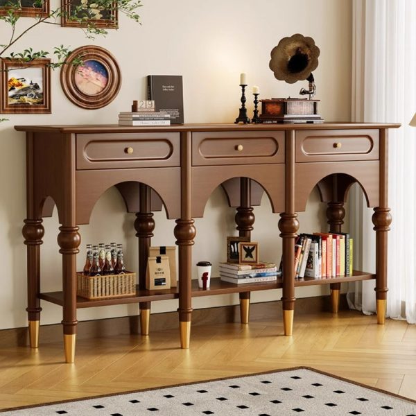 Traditional French Solid Wood & Metal Arched Roman Column Console Table With 3 Drawers & 2-Tier Storage For Entryway - Image 6
